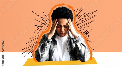 Woman experiencing stress and headache with hands on temples