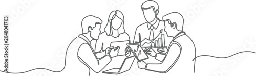 Single Line Art Drawing of Business Team Meeting and Analyzing Growth Data Illustration