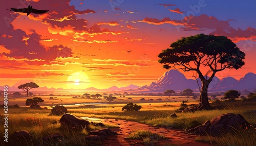 A vibrant sunset casts golden light over an open savanna, featuring acacia trees and a lone bird soaring. Mountains stand in the distance