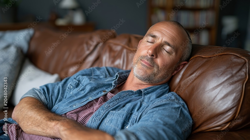 Obraz premium Middle-aged man peacefully sleeping on a comfortable brown leather sofa at home