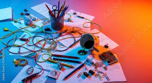 A messy tabletop cluttered with scattered papers, tangled cords, pens, and unorganized office supplies creates a sense of chaotic disarray, papers, office, disorganized