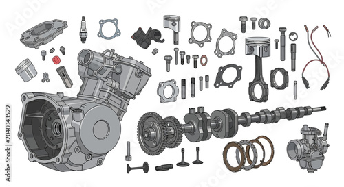 Bild auf Leinwand Motorcycle Engine Parts Exploded View Isolated White Background