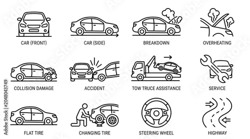 Automotive emergency line icons car trouble accidents repair and roadside assistance illustrations