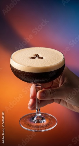 A close-up shot of a hand lifting a chilled espresso martini in a coupe glass, topped with creamy foam and three roasted coffee beans, nightlife, foam, restaurant