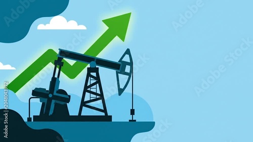 Silhouette of oil pump jack working with a rising green arrow financial market graphic, energy economy concept copy space