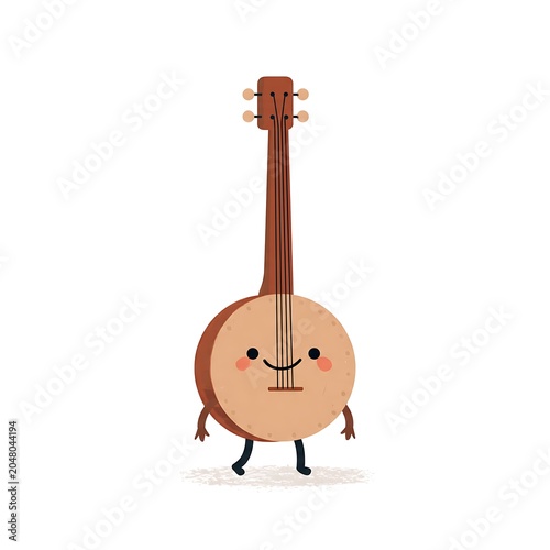 Cute cartoon illustration of a smiling guitar with brown body and white pickguard.