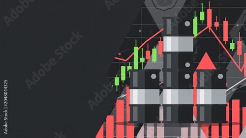 Stack of black industrial oil barrels against a stock market financial candlestick chart, product trading concept copy space