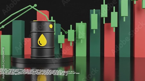 Black industrial oil barrel with yellow droplet icon on a podium with color chart bars, fuel business concept