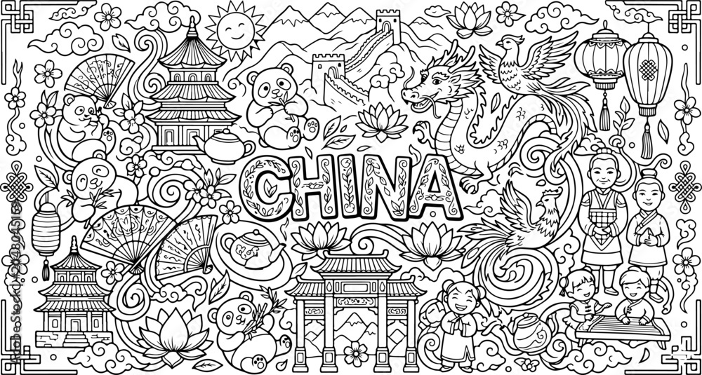 Obraz premium china cartoon outline hand drawn Line Art illustration doodle art coloring page for kids