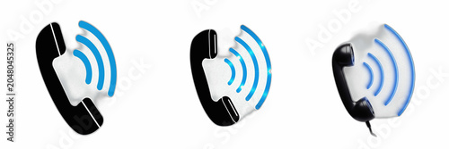 Quadro su tela Isolated set of classic black vintage telephone receivers with blue wireless sou