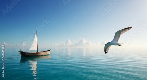 Serene ocean horizon with seagull in flight