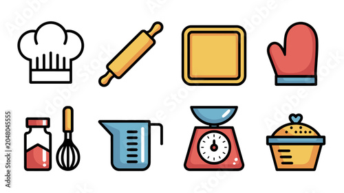 Fotografie Colorful kitchen utensils and baking icons set.