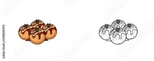 Foto Savory japanese takoyaki balls illustrations in flat color and black line styles