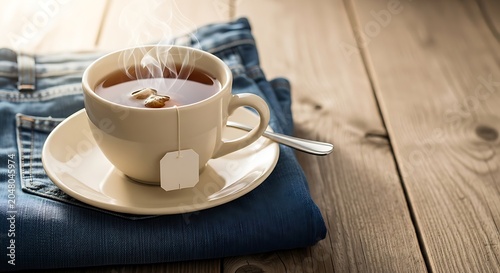 Comfort drink served on folded blue jeans clothes