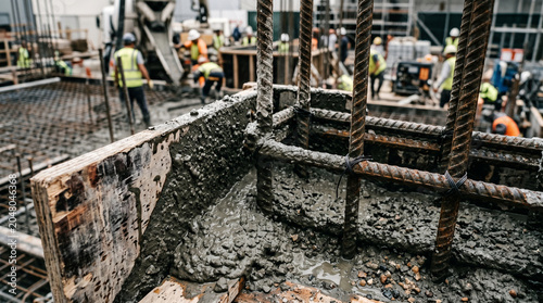 Close-up construction site with wet cement and steel reinforcement