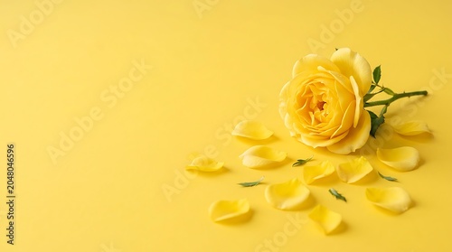 Yellow rose with petals on yellow background