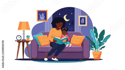 African American Mother Reading Bedtime Story to Young Daughter on Sofa at Night, Family Bonding and Childhood Education Concept, Flat Vector Illustration