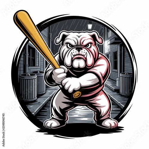 Photography Cartoon bulldog holding baseball bat aggressively.