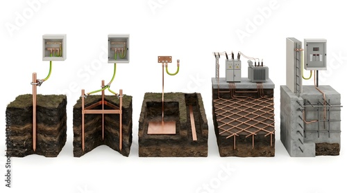 Electrical grounding system components arranged in modern industrial setting with technical precision