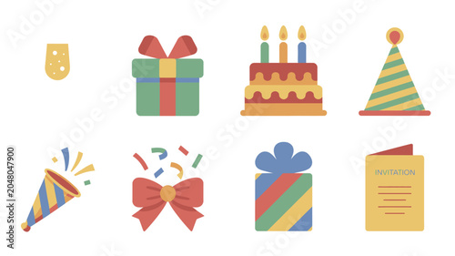 Colorful birthday celebration with various items.