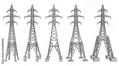 Electricity Power Transmission Towers Against Clear Sky Industrial Infrastructure Line