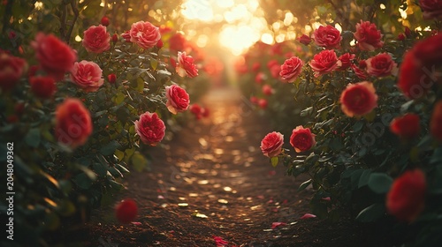 A path through a garden of red roses.
