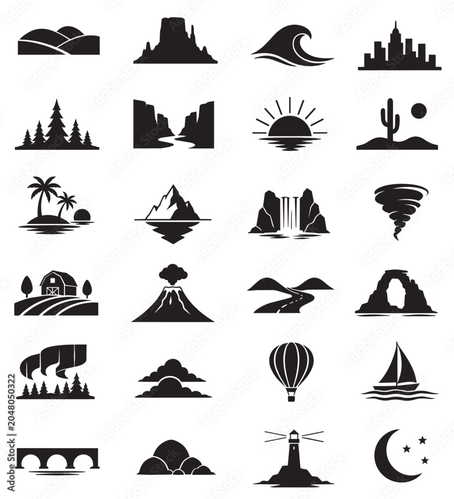 Fototapeta premium Collection of nature and travel landscape silhouette icons featuring mountains, ocean waves, forests, waterfalls, deserts, volcanoes, islands, hot air balloons and scenic landmarks