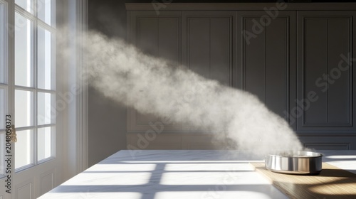 Steam rising from a pot on a kitchen countertop