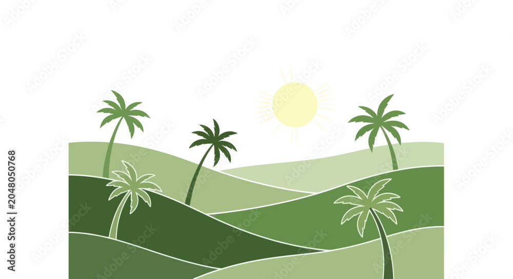 Obraz premium Stylized Green Landscape with Palm Trees and Sun, Minimalist Tropical Illustration