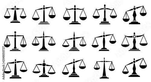 Fotografía Justice and Law Balance Scales Icons Collection: Equality, Measurement, and Judg