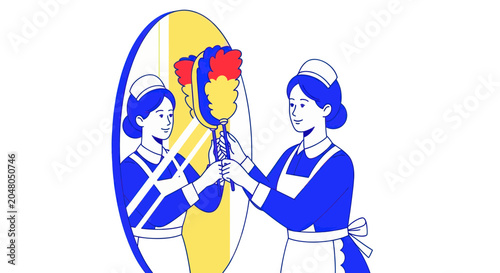 Tableau sur toile Professional maid with feather duster looking in mirror, cleaning concept illust