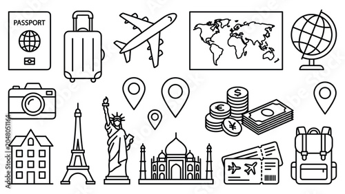 Canvastavla Travel icons outline set with passport suitcase airplane map globe camera and monuments