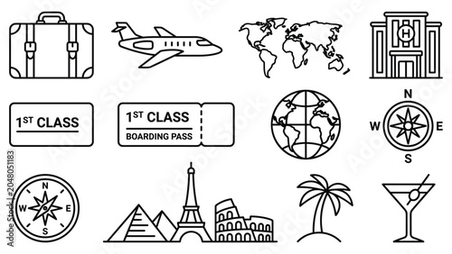 Photos Travel and tourism icon set showing modes of transport and international landmarks outline