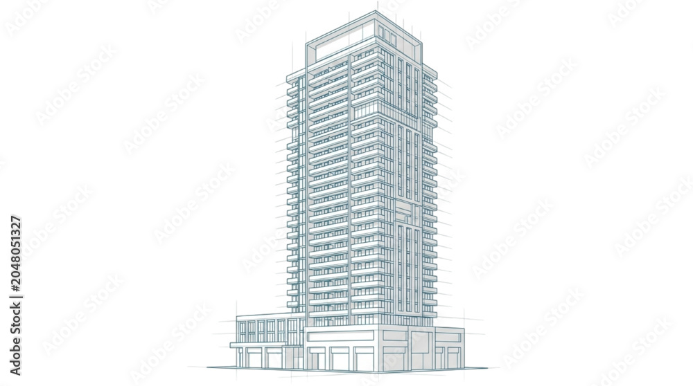 Fototapeta premium Architectural Drawing of a High-Rise Residential Building Rendered in CAD