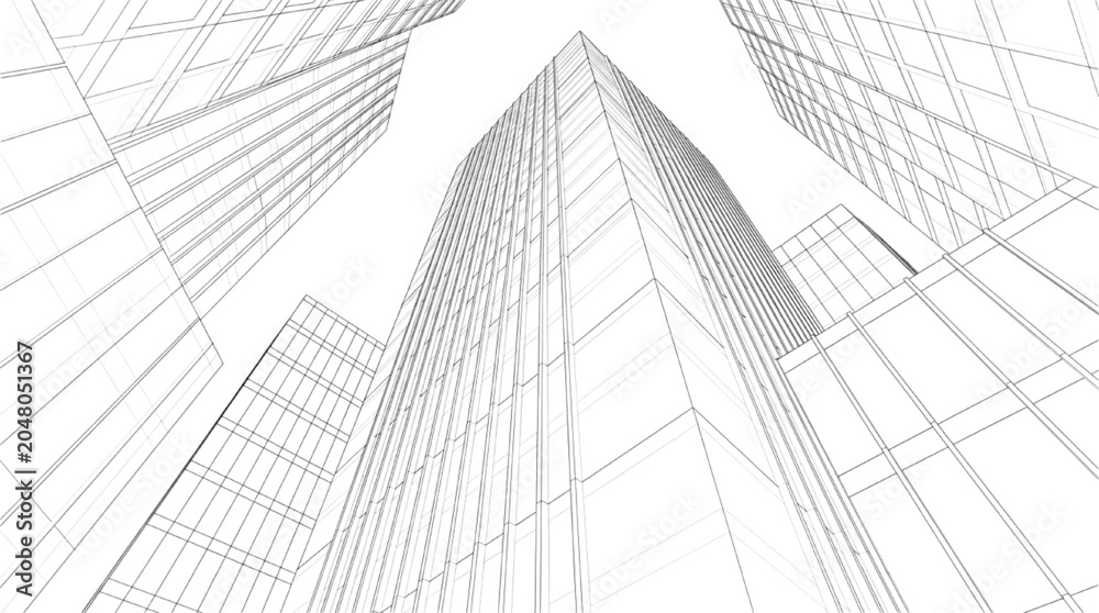 Fototapeta premium Dynamic CAD wireframe illustration of a bustling metropolis, embodying modern architectural design and engineering principles