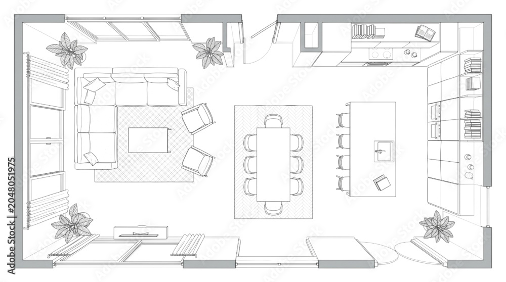 Fototapeta premium Modern Open Plan Living and Dining Area Floor Plan CAD Design
