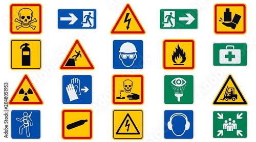 Safety Signage Collage: A compilation of various safety and warning signs, including hazard symbols, directional indicators, and protective equipment alerts, displayed in a grid format.