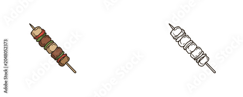Fotografie Grilled meat shish kebab illustrations in flat color and black line styles repre