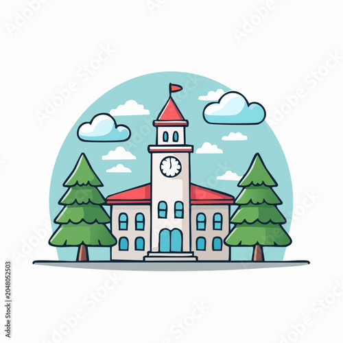 Flat design building with clock tower and trees