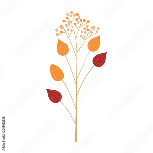 Flat design illustration of a plant stem with autumn leaves and