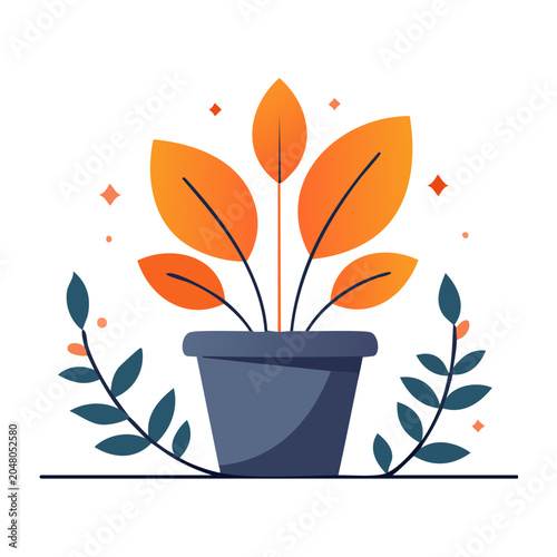 Flat design potted plant with orange leaves and decorative branches