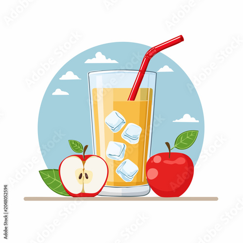 Glass of apple juice with ice and apples