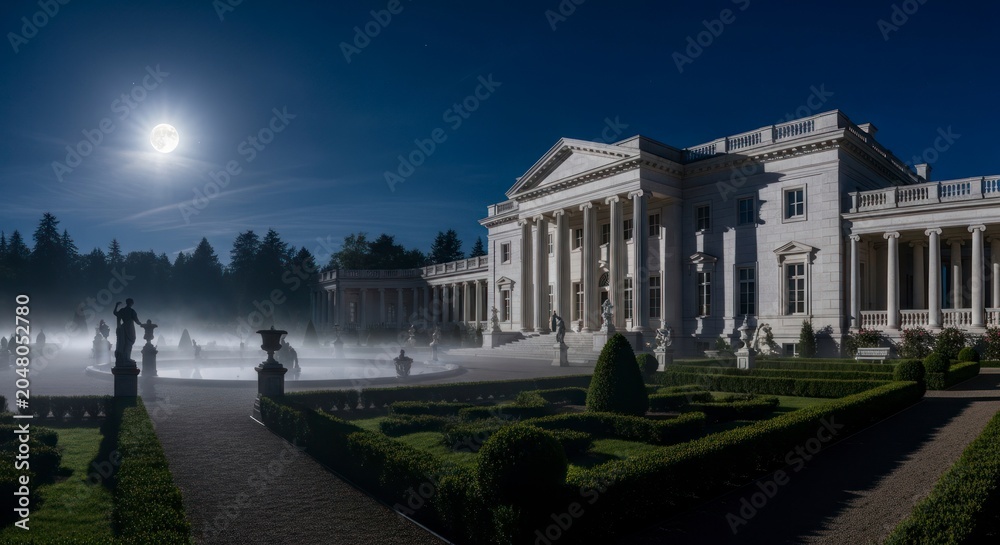 Fototapeta premium Elegant architecture illuminated under moonlight in a serene outdoor setting