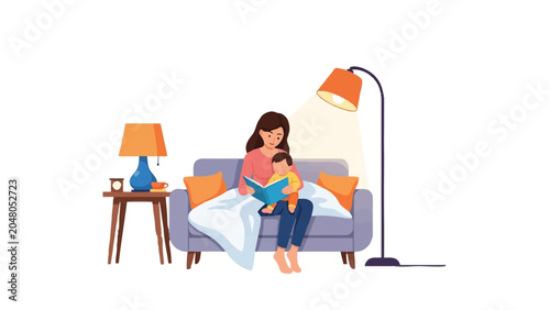 Mother Reading Book to Toddler on Sofa Vector Illustration, Cozy Bedtime Story Concept, Family Bonding at Home, Parenting and Early Childhood Education