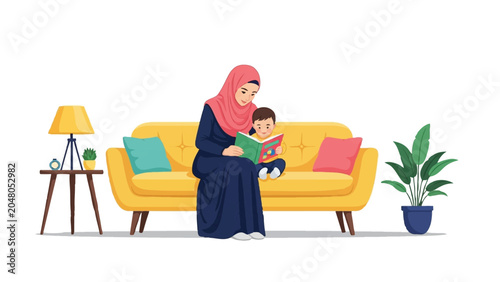 Muslim Mother in Hijab Reading a Storybook to Her Young Son on a Yellow Sofa, Modern Vector Illustration of Family Education and Bonding at Home