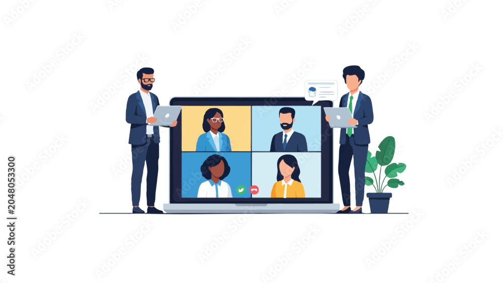 Fototapeta premium Remote Team Having Virtual Meeting and Video Conference on Laptop. Flat Vector Illustration of Global Business Collaboration and Online Communication.