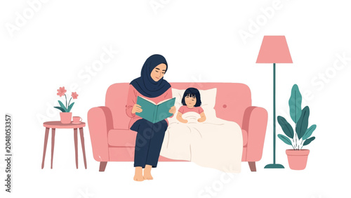 Muslim Mother Reading Bedtime Story to Daughter Vector Illustration