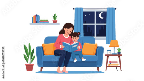 Mother and Daughter Reading Bedtime Story Together on Living Room Sofa at Night, Flat Vector Illustration