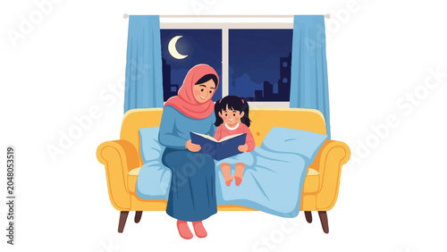 Muslim Mother in Hijab Reading Bedtime Story to Young Daughter on Sofa at Night, Crescent Moon Background, Family Bonding Flat Vector Illustration