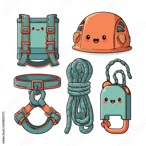Cute flat vector illustration of travel essentials with smiling face.